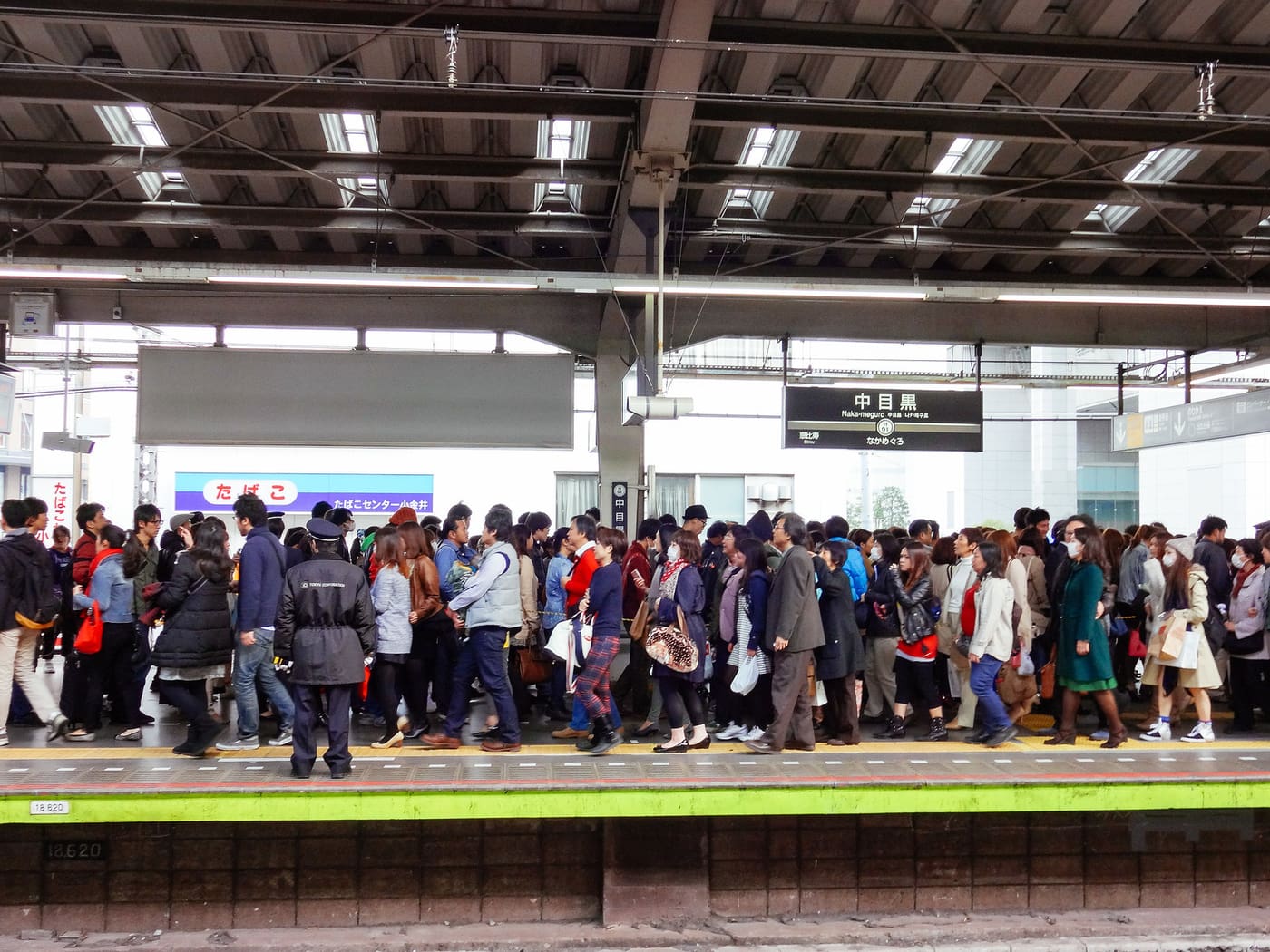Crowds packing the Nakameguro Station platform during cherry blossom season on the Meguro River