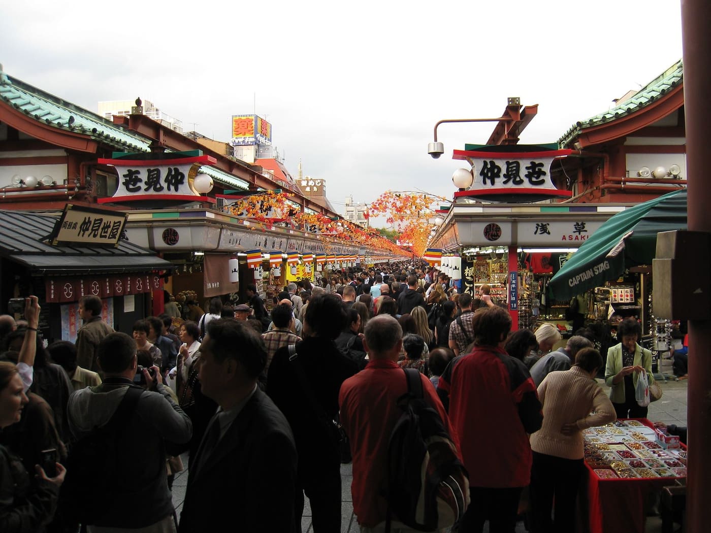 Shops and visitors along Nakamise-dori, the approach to Senso-ji in Asakusa