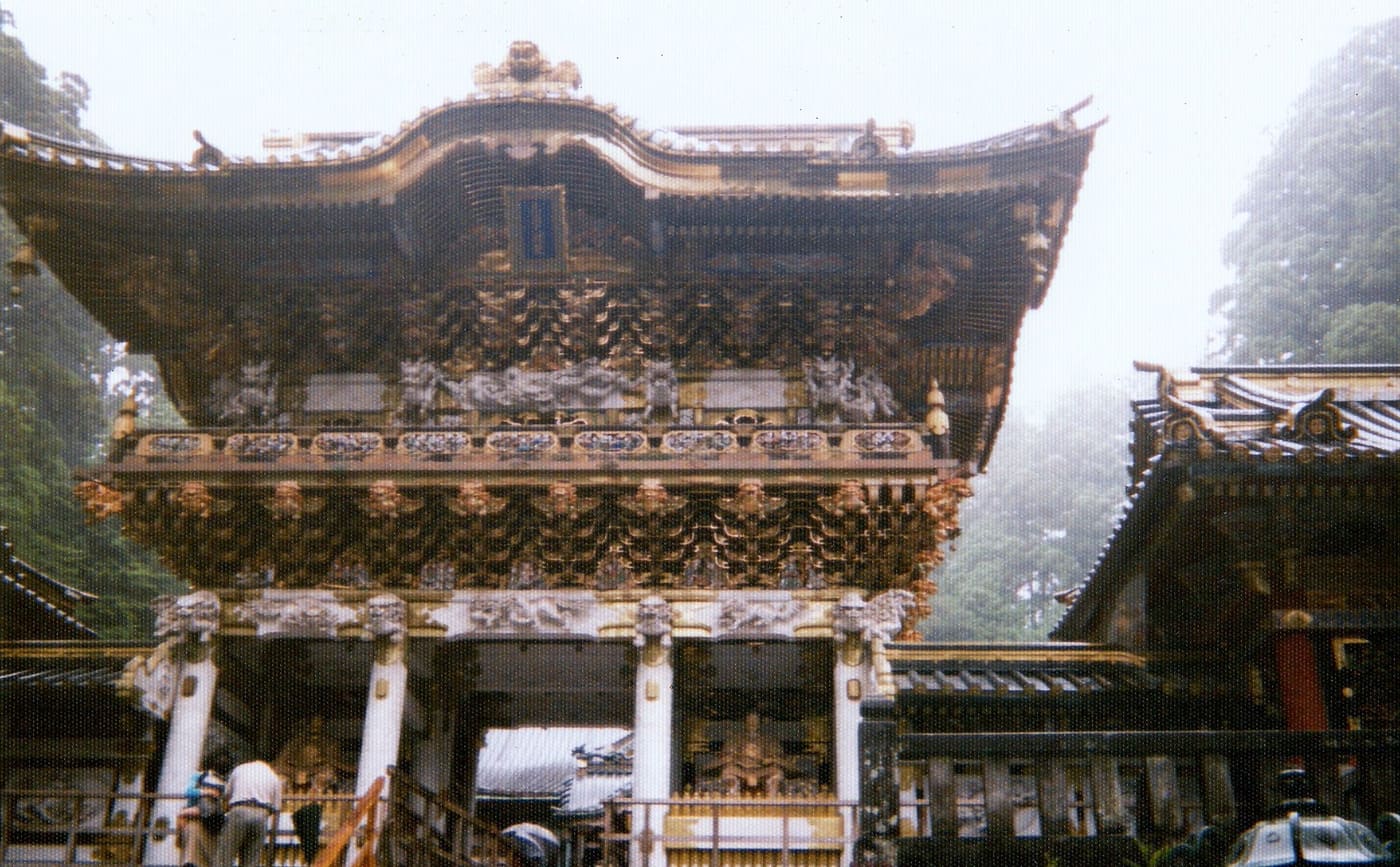 The carved and gilded Yomeimon gate at Nikko Toshogu seen from the front