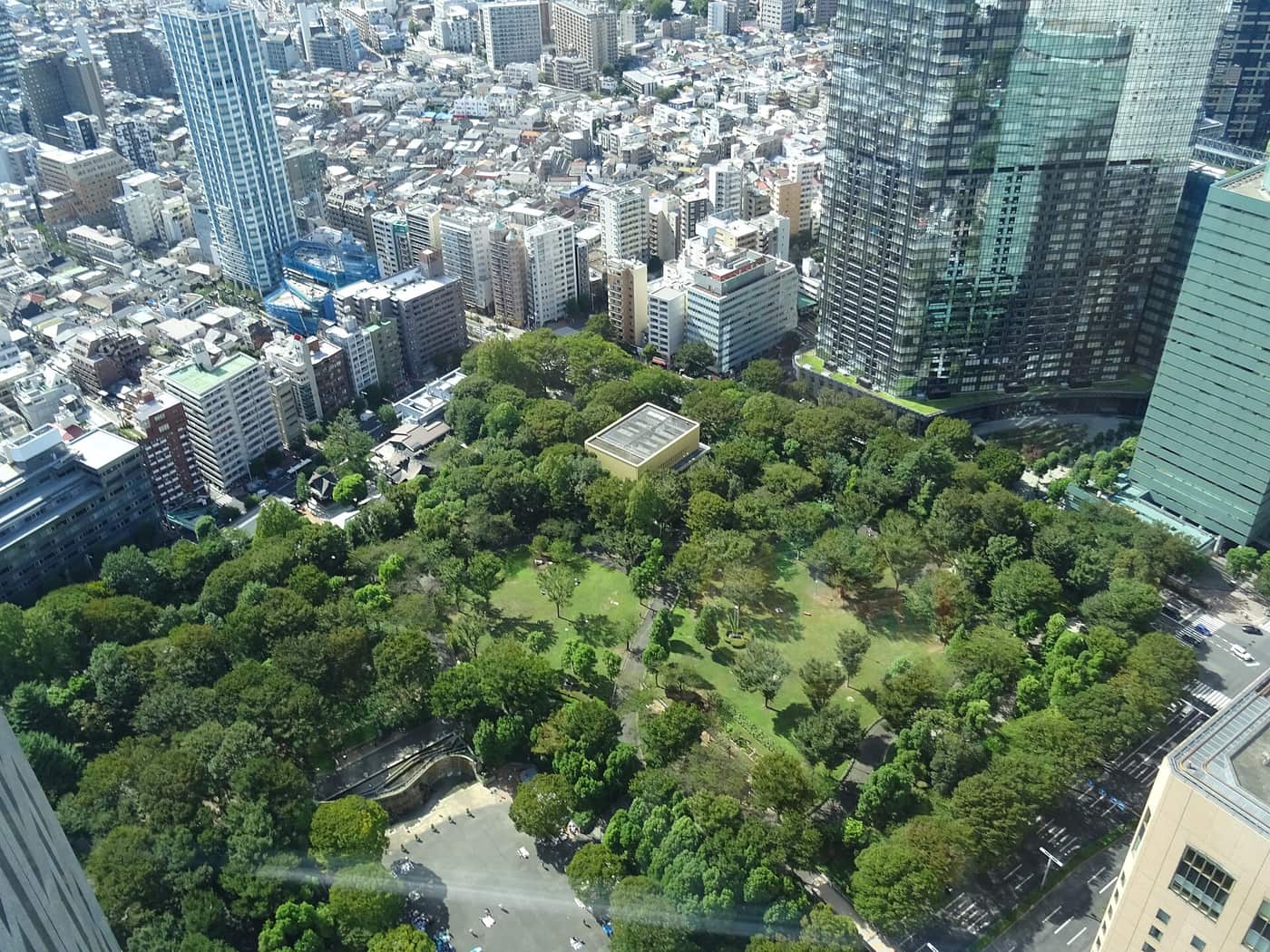 Shinjuku Central Park seen from above, framed by Nishi-Shinjuku skyscrapers