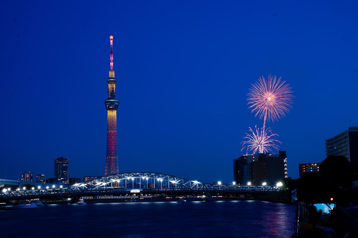 Fireworks bursting beside Tokyo Skytree over the Sumida River at blue hour