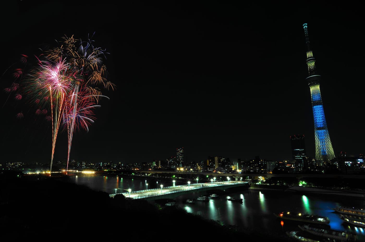 Fireworks over the Sumida River with Tokyo Skytree lit in blue at the festival