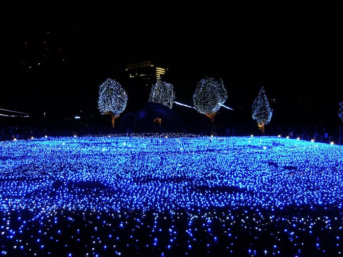 The blue light field on the lawn of Tokyo Midtown Garden at Christmas, Roppongi