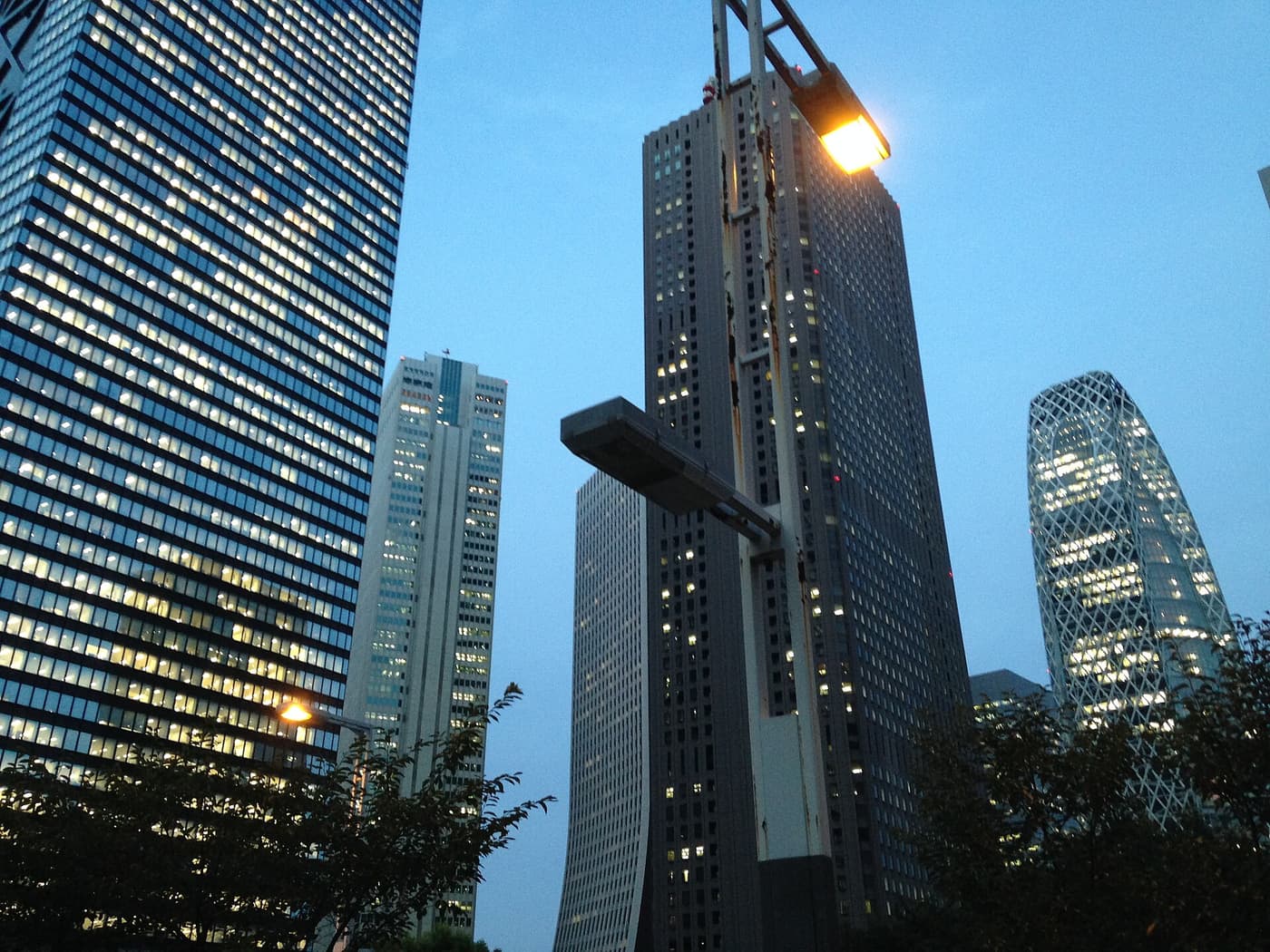 West Shinjuku skyscrapers and street lights at dusk