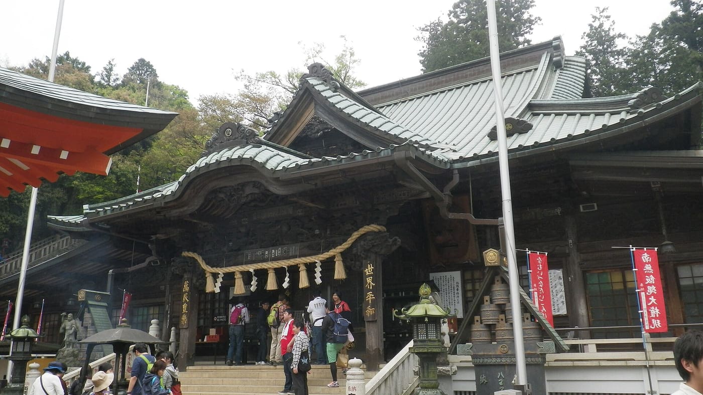 The ornate main hall of Yakuoin Temple on the slopes of Mount Takao