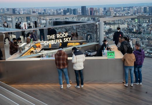 The rooftop of Shibuya Sky at dusk
