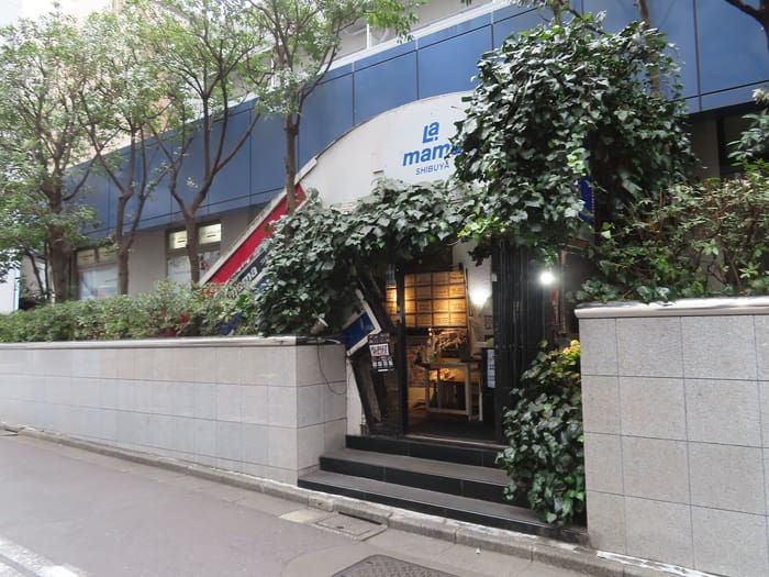 Ivy-framed street entrance and sign of Shibuya La.mama on Dogenzaka
