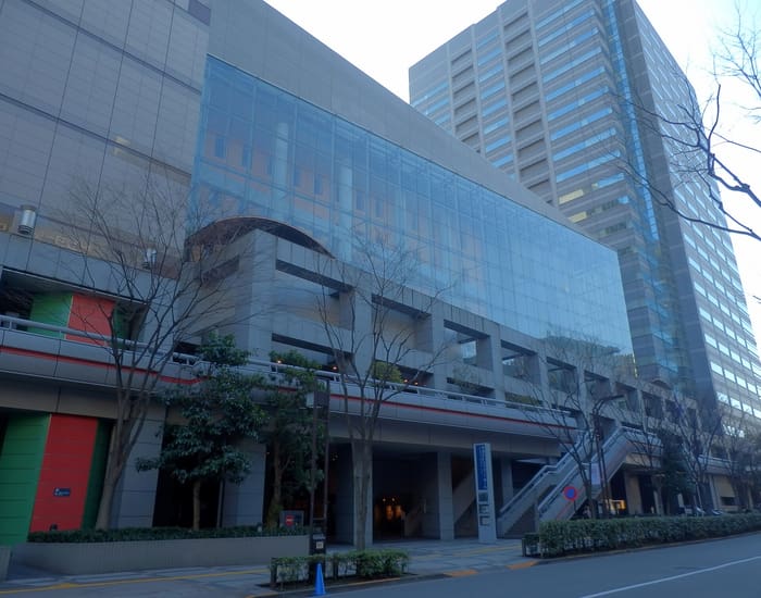 The glass-fronted Sumida Triphony Hall beside Kinshicho station